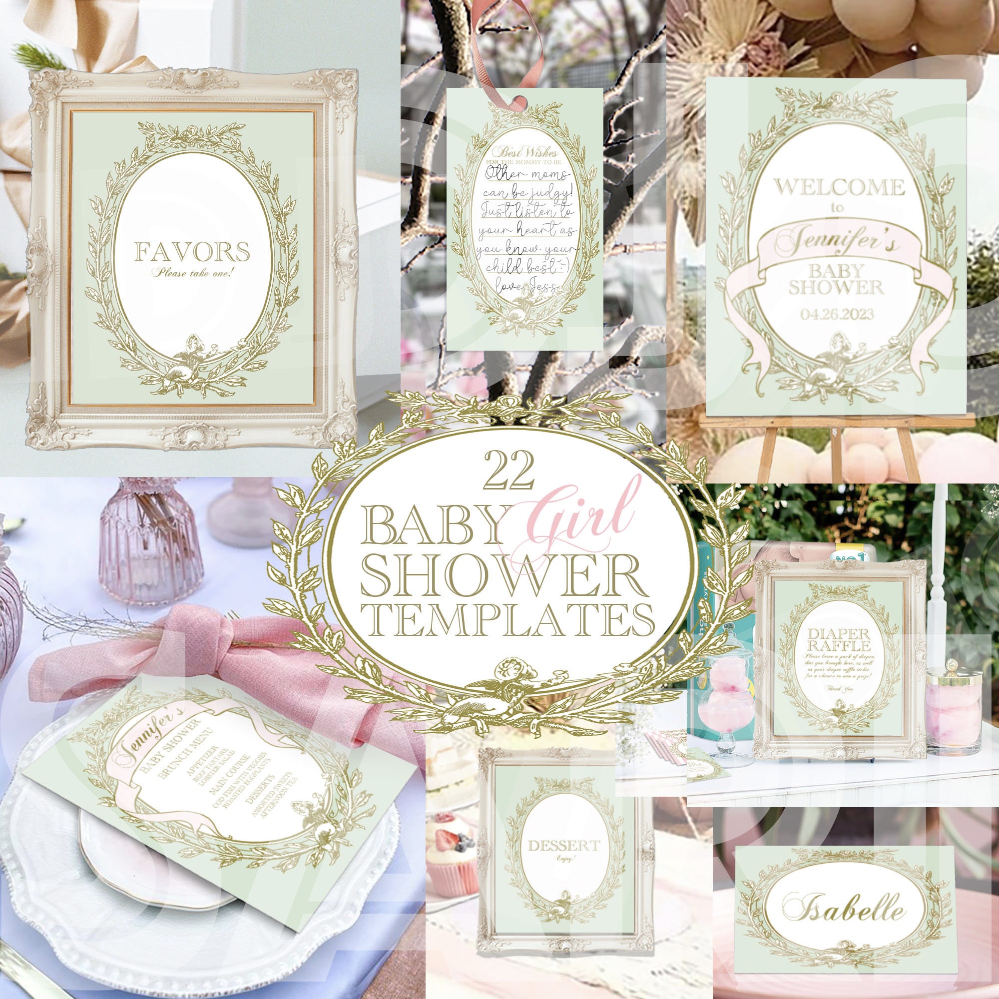 French Baby Shower Invitation Bundle Green Baby Shower Invitation