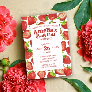 Berry Sweet First Birthday Invitation | Strawberry themed Printable Card | Berry First Birthday Invitation Strawberry Editable | BF02
