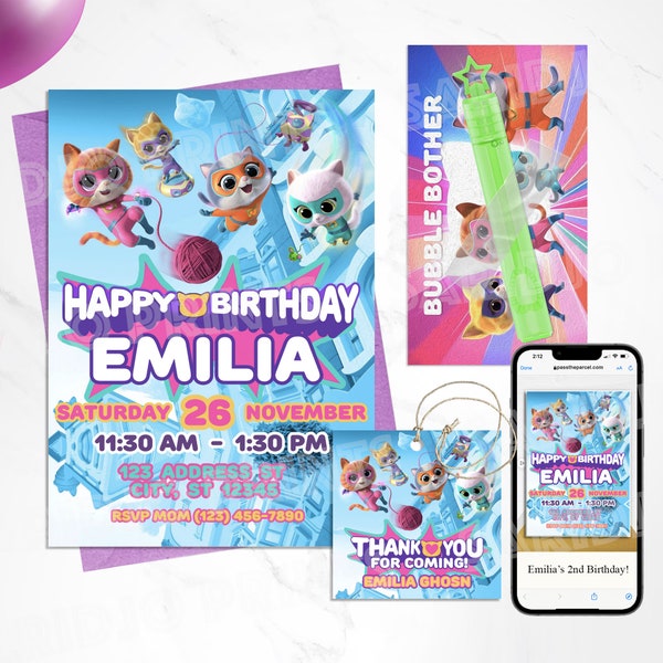 Super Kitty Birthday Invitations Template, Digital Invite, Party Favor, Superhero Theme, Thank you Tags, Birthday Invitation Digital, SK02