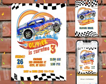May include: A birthday party invitation and matching tag featuring a blue Hot Wheels car with flame graphics. The invitation includes the text "Olivier is turning 3" and party details. A smartphone displays the invitation.