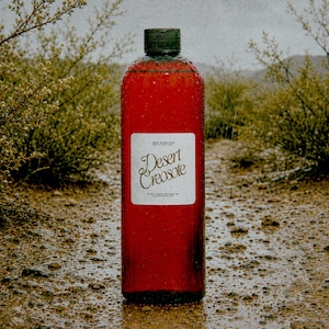May include: A tall, red bottle with a green cap, labeled "Desert Creosote." The label is white with elegant cursive text. The bottle is wet, suggesting rain. The background features desert vegetation and a wet ground.