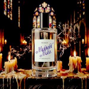May include: A clear glass perfume bottle with a black cap and a white label featuring the text Midnight Mass, 3.4 oz, 100 ml, Eau de Parfum, Love Olfactive. The bottle is surrounded by melting wax candles with visible smoke trails.