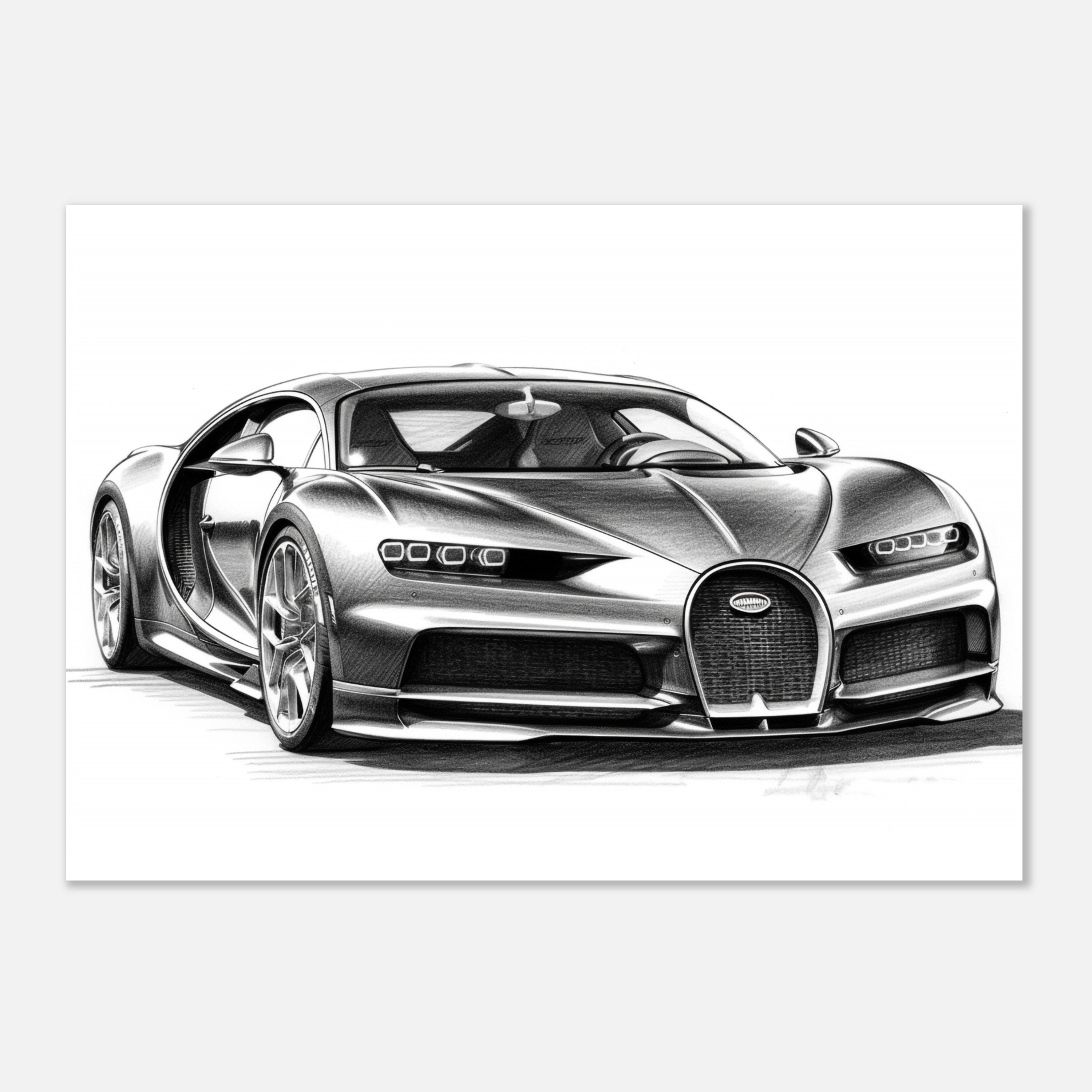 Bugatti Chiron Front View Handcrafted Pencil Sketch Detailed Monochrome