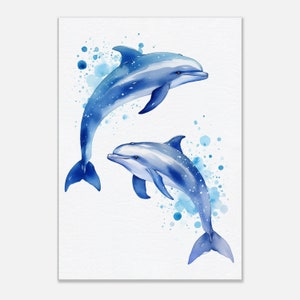 Dos impresiones artísticas minimalistas estilo dibujos animados de acuarela de delfines, un divertido toque de encanto oceánico para la decoración de su hogar