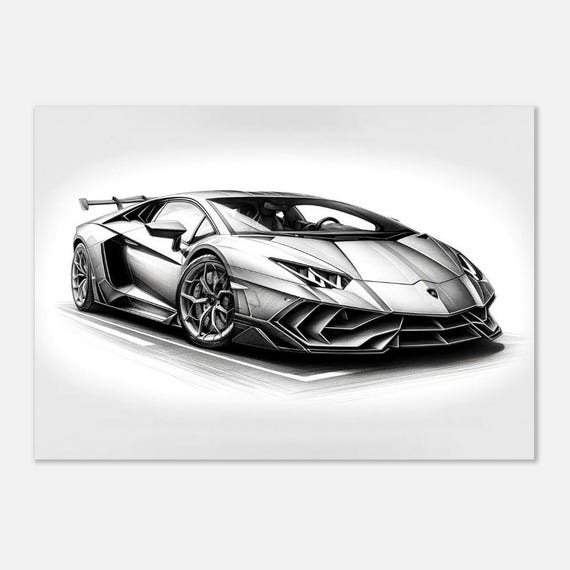 ランボルギーニ グレースケール 鉛筆スケッチ アートプリント：高級車