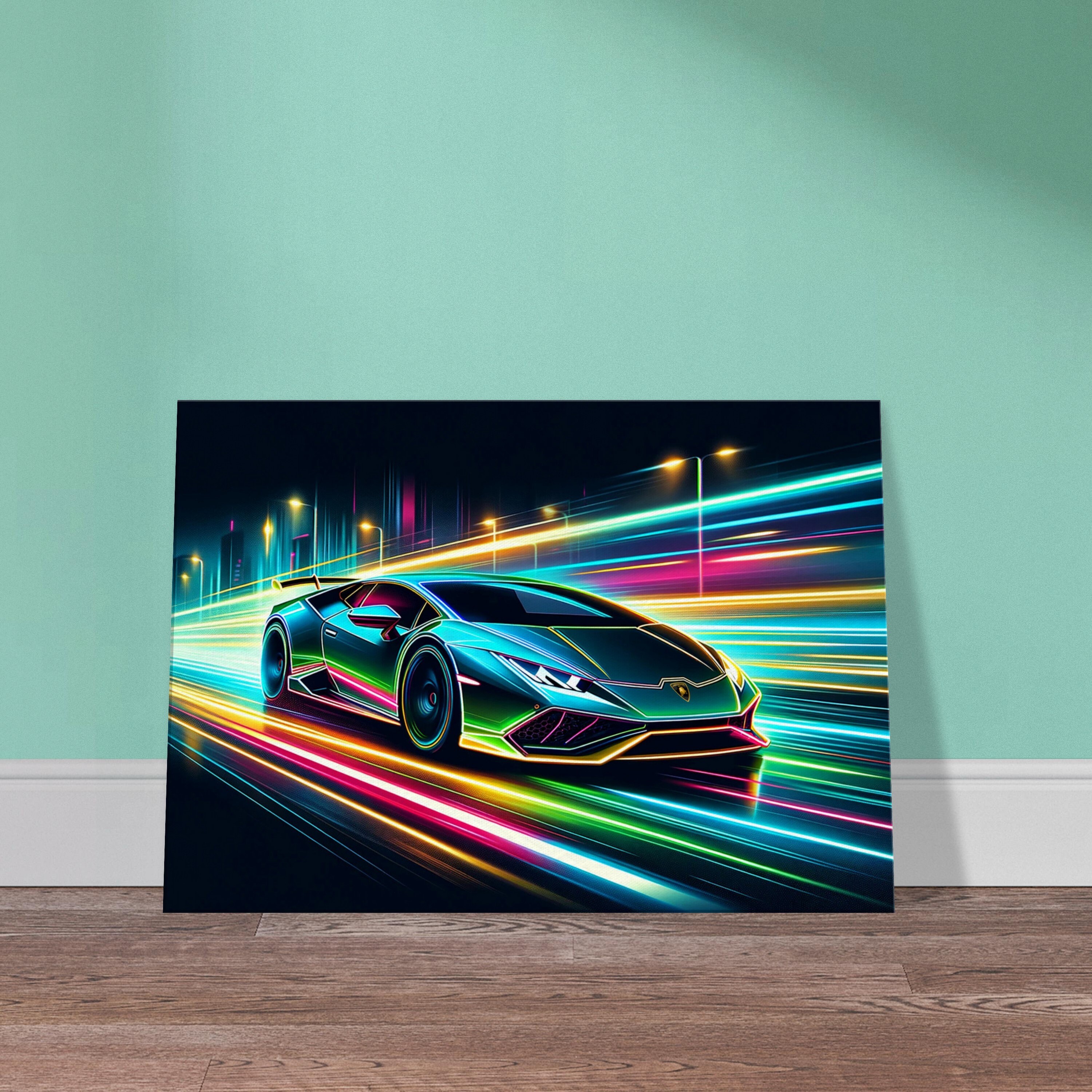 Lamborghini Huracan's Electric Pulse: Neon Abstract Canvas Art