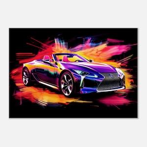 Lexus LC Cabrio Abstrakte Leinwand Wandkunst - Vorderansicht in kühlen Neonfarben, einzigartiges und modernes Wohndekor für Automobil-Enthusiasten.