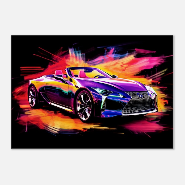 Lexus LC Convertible Abstract Canvas Wall Art - Front View with Cool Neon Colors, Unique and Modern Home Decor for Automotive Enthusiasts.