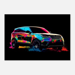 レンジローバー ヴェラール 抽象キャンバス ウォールアート - クールなネオンカラー、自動車愛好家やアート愛好家のためのユニークでモダンなホームデコレーション