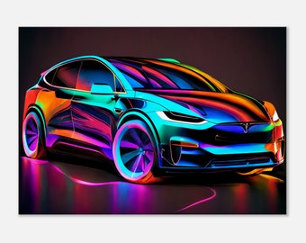 Tesla Model X Abstract Neon Canvas Wall Art, Unique Art, Home Decor, Car Enthusiasts, Modern Art Lovers, Vibrant and Eye-Catching Art Piece