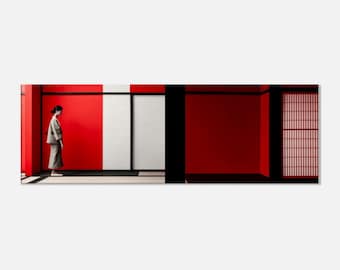 Japanischer Kimono Leinwand: Roter Shoji Bildschirm, Geometrisches Wanddekor