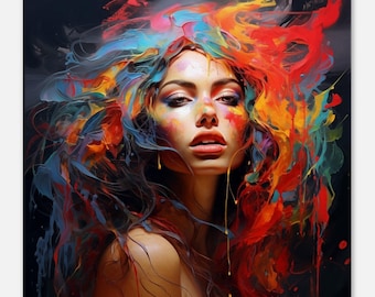 Farbenfrohe Frauen Porträt Kunst Druck: Abstrakte Gesichtsbemalung 'Farbschleier Enthüllt'