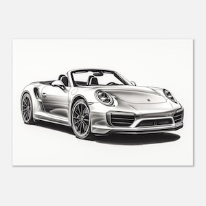 Boceto a lápiz en escala de grises ultradetallado del Porsche 911 Turbo S Cabriolet / Arte mural monocromático hecho a mano / Decoración ideal para entusiastas de Porsche