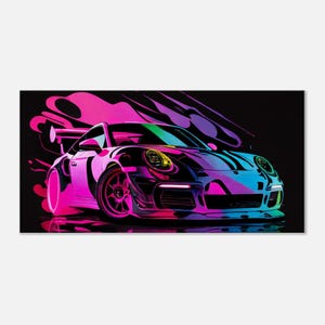 Porsche 911 GT3 RS Canvas Art: stampa astratta al neon di un&#39;auto sportiva