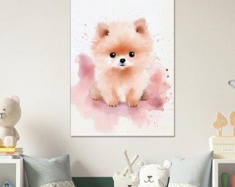 水彩画のポメラニアンの子犬のキャンバスアートプリント - Etsy 日本
