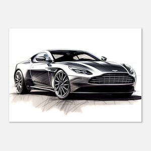 Boceto a lápiz en escala de grises con gran detalle del Aston Martin DB11 / Póster de pared de primera calidad con un diseño elegante para entusiastas de los automóviles