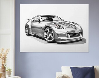 Nissan Z Line Art Print: Grayscale Pencil Sketch for Car