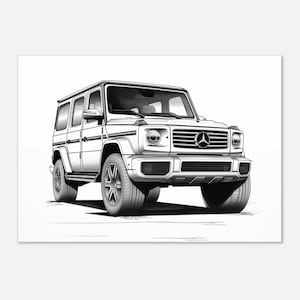 Może przedstawiać: Czarno-biała ilustracja białego SUV-a Mercedes-Benz klasy G.