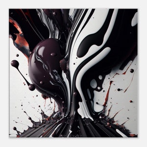以下が含まれることがあります： 黒、白、赤の塗料の飛沫と渦巻きが特徴の抽象画。塗料は滴り落ち、流れ、ダイナミックで力強い構成を生み出している。