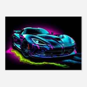 クールな抽象的なネオンカラーのダッジバイパー、自動車愛好家やアートコレクター向けのモダンなキャンバスウォールアート、高速自動車アート、高級車デザイン