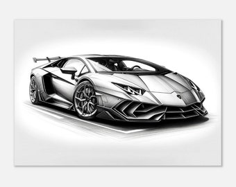ランボルギーニ グレースケール 鉛筆スケッチ アートプリント：高級車