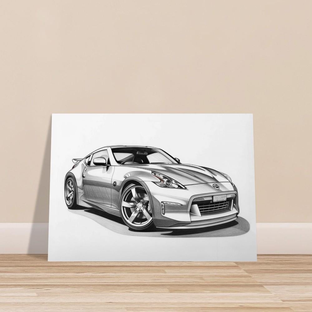 Nissan Z Line Art Print: Grayscale Pencil Sketch for Car