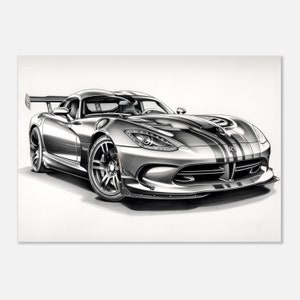 Dibujo a lápiz en escala de grises ultra detallado de un Dodge Viper. Póster listo para enmarcar de un superdeportivo moderno. Arte en papel mate de primera calidad.
