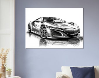 Acura NSX Sketch Print: Grayscale Car Art, Automotive Home Decor