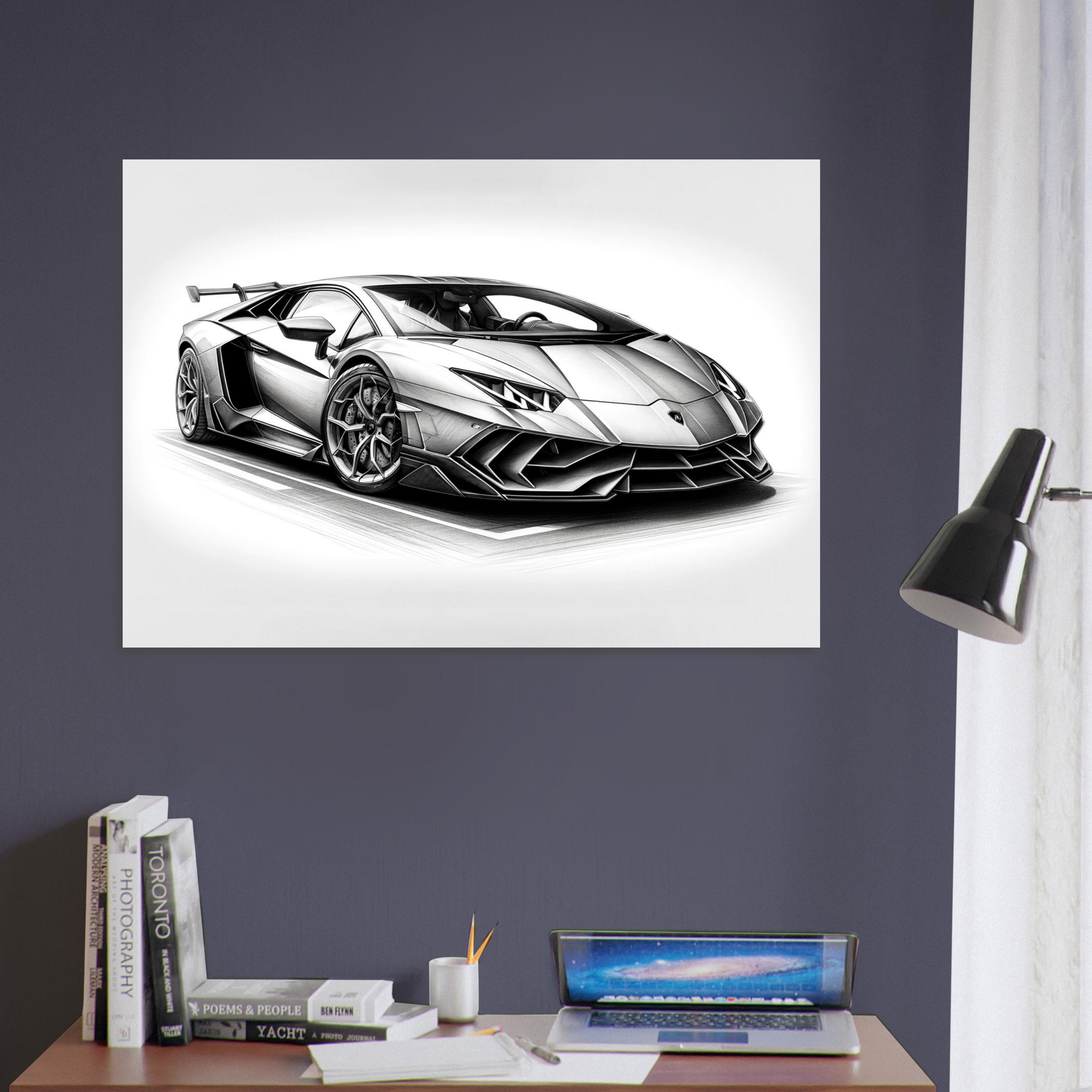 Lamborghini Grayscale Pencil Sketch Art Print: Luxury Car Poster