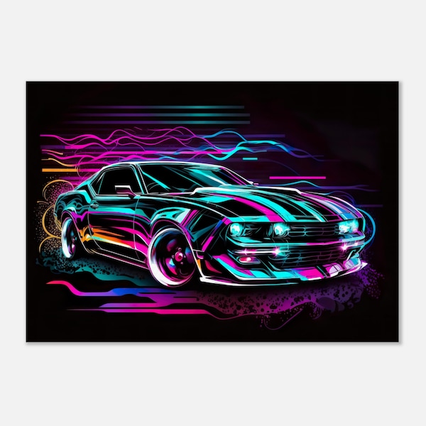 Chevy Camaro Neon Abstract Printed and Framed on a Canvas Wall Art, Super Sports Car, Luxery Fast Car, Garage Sign, Futuristic Color Design