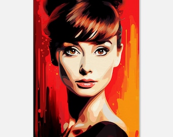 Audrey Hepburn Aquarell Portrait: Rot & Orange Leinwand Wandkunst
