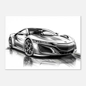 Acura NSX Frontal View Hand-Drawn, Grayscale Pencil Artwork in Pencil Sketch Distinctive Monochrome Home Décor, Perfect Gift for Car Lovers