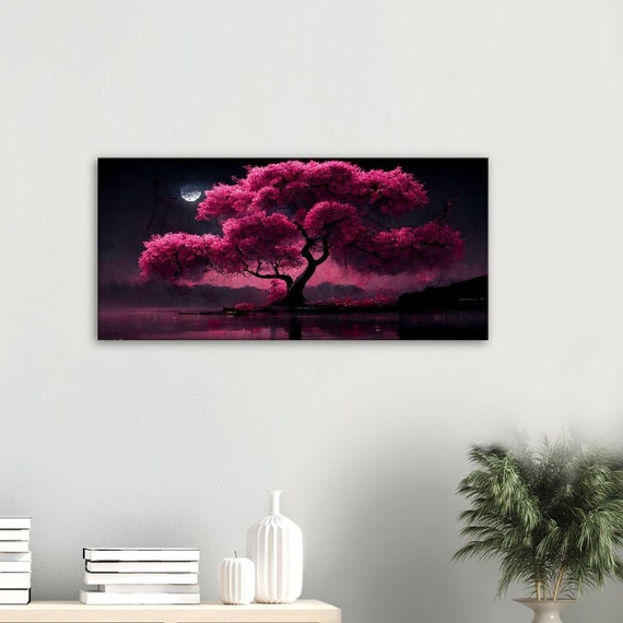 Cherry Blossom Lake Canvas: Japanese Moonlight Wall Art