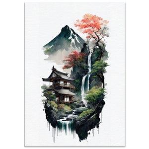 May include: Watercolour painting of a Japanese-style house with a waterfall and a mountain in the background. The house is surrounded by trees and flowers. The painting is done in shades of green, blue, and red.