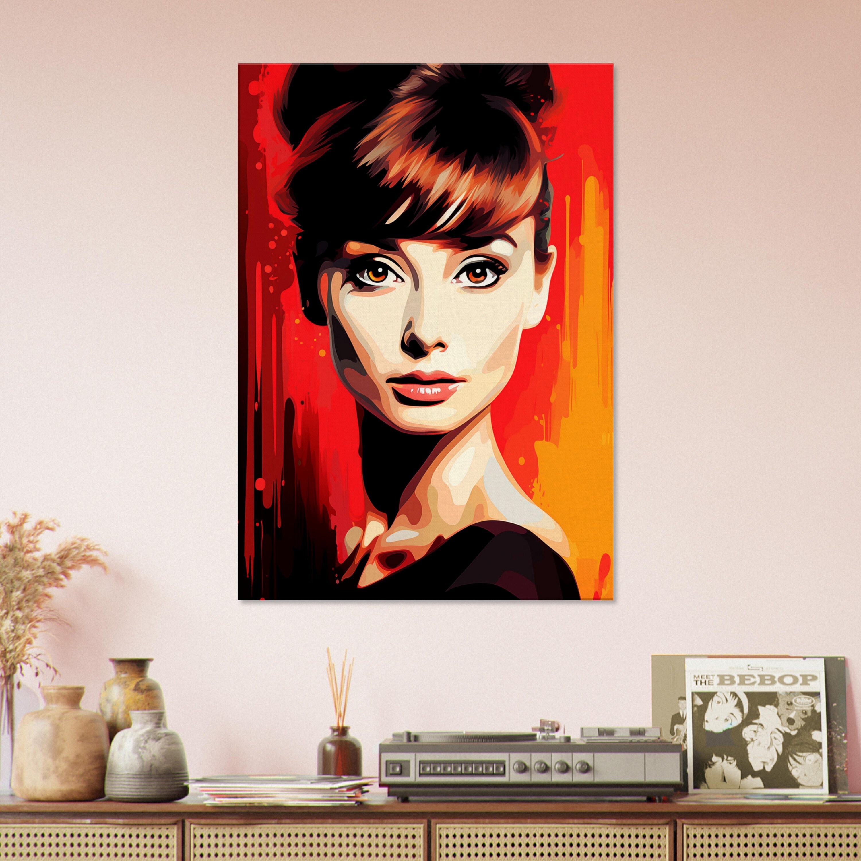 オードリー・ヘプバーンの水彩画ポートレート：赤とオレンジの