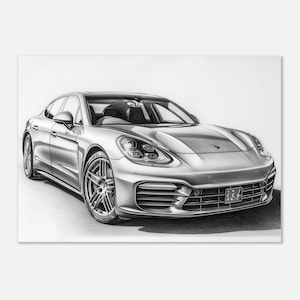 Boceto a lápiz detallado en escala de grises del Porsche Panamera / Automóvil veloz / Arte en papel mate premium de alta calidad / Póster sin marco / Listo para enmarcar