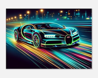 Bugatti Neon Art: Abstrakte Electric Car Leinwanddruck