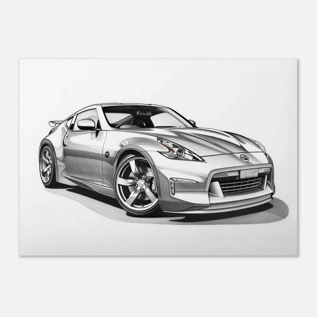 鉛筆画 Nissan Z Line Art Print: Grayscale Pencil Sketch for Car
