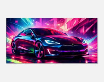 2016 Tesla Model S | Auto Neon Kunst Leinwanddruck | Auto Wall Decor - Leinwand Kunst