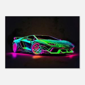 Lamborghini Canvas, Wall Art, Wall Print, Super Car, Sports Car, Fast Car, Garage Sign, Wall Decor, Futuristic Art, Abstract Neon Design,