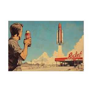 Fallout Inspired Vintage Rocket Launch Poster Retro Sci Fi Wall Art Nuka Cola Style Print Post Apocalyptic Decor for Gamers and Collectors