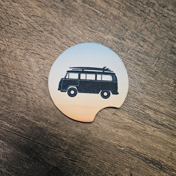 Surfer Volkswagen Bus • Round Drink Coaster  • Car Cup Holder Protectors • Auto Absorbent Coasters • Personalized Car Coaster Inserts