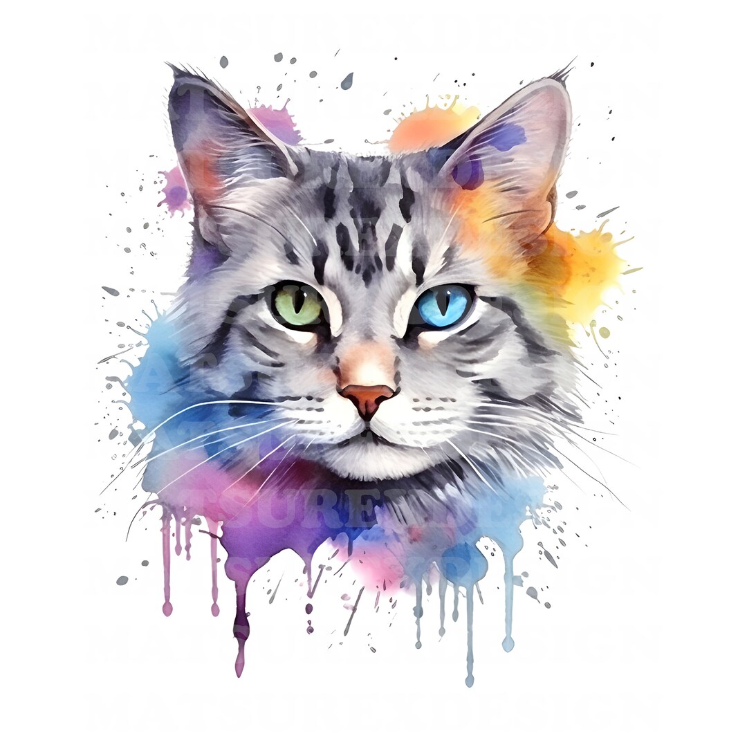 Grey Tabby Cat 2 | Beautiful Watercolor Portrait | PNG JPG | Digital ...