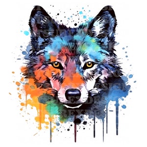 Wolf 9 | Beautiful Watercolor Portrait | White Black Colorful Wild Wolf  | PNG JPG | Digital Download | Clip Art | Card Making