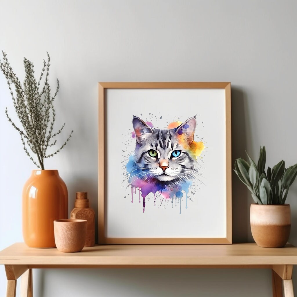 Grey Tabby Cat 2 | Beautiful Watercolor Portrait | PNG JPG | Digital ...