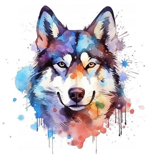 Husky 1 | Beautiful Watercolor Portrait | White Black Dog | PNG JPG | Digital Download | Clip Art | Card Making | Mixed Media | Paper Craft
