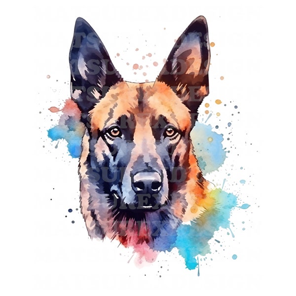 Belgian Malinois 9 | Beautiful Watercolor Portrait | Tri Color Dog | PNG JPG | Digital Download | Clip Art | Card Making | Mixed Media