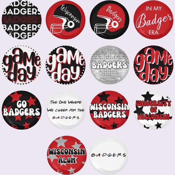 Wisconsin Game Day Button, College Football Pins, Homecoming Gift for University Alum Tailgate, Saturday Accessories for Badger Sorority