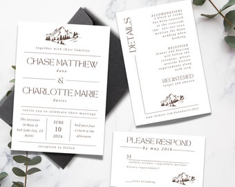 Mountain Wedding Invitation Suite | Editable Template | Canva Template | Details Card | RSVP Card | Set of 3