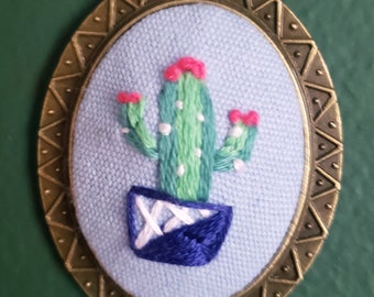 Blue Hand Embroidered Cactus Necklace